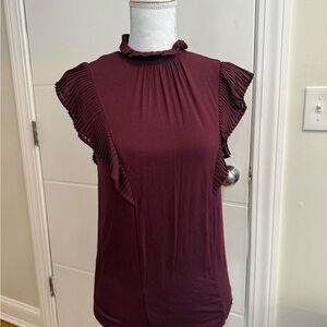 BCBG Deep Burgundy Pleated Sleeve Blouse